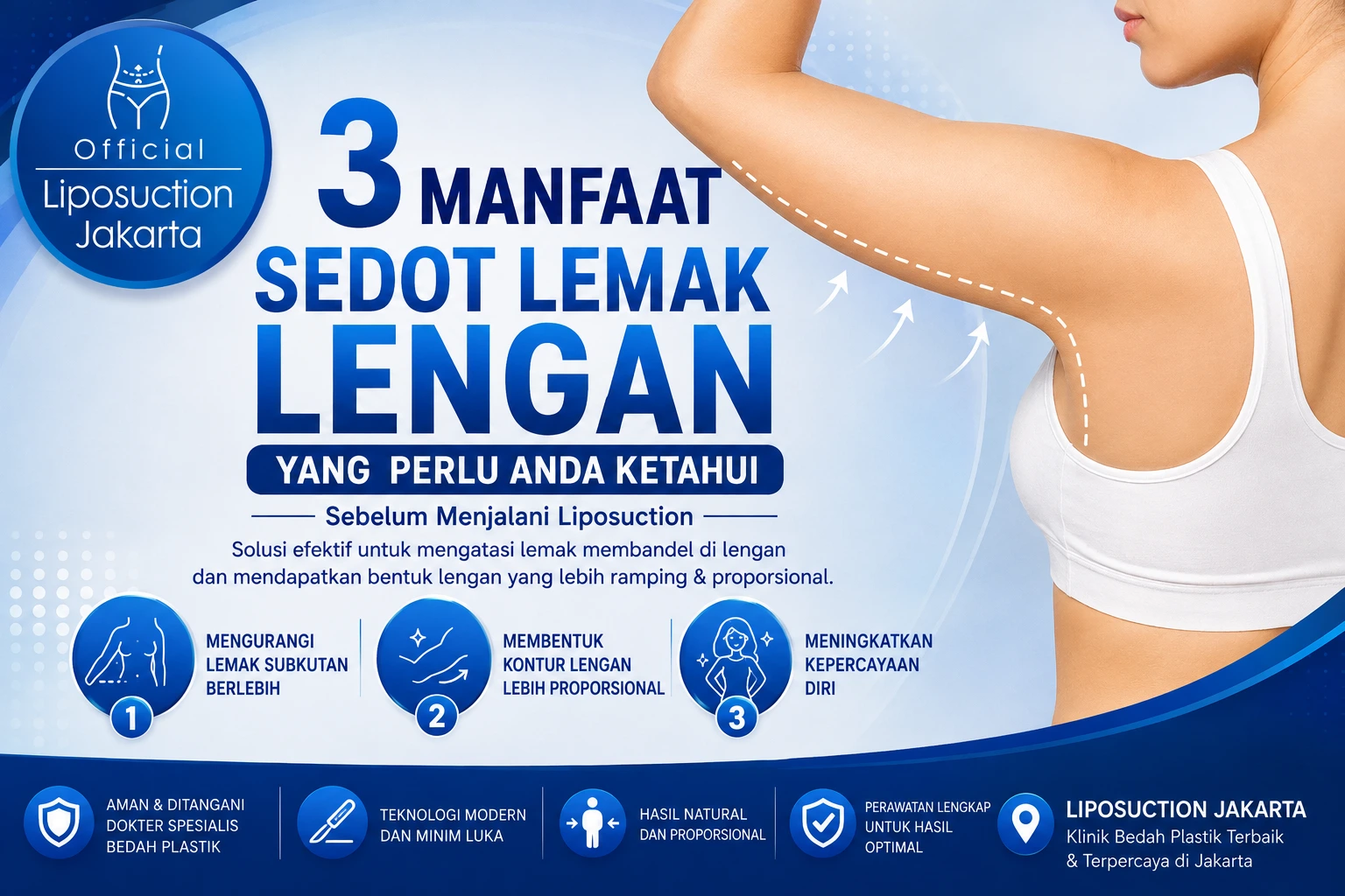 Prosedur sedot lemak lengan untuk mengurangi lemak subkutan dan membentuk kontur lengan lebih proporsional di Liposuction Jakarta.